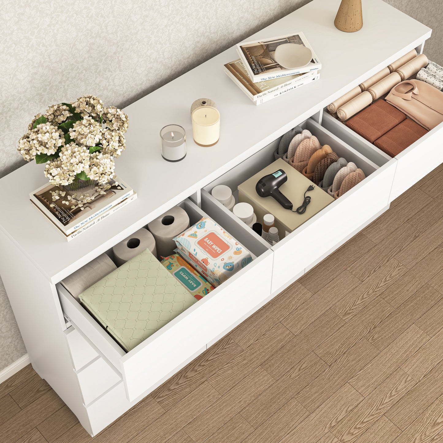 Commode 12 tiroirs en bois blanc, grand rangement chambre