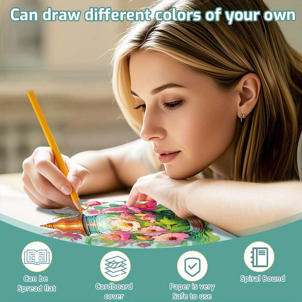 Coffret 3 livres de coloriage, fleurs, château et vase