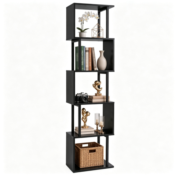 Bibliothèque étagère géométrique en S, 5 niveaux, structure métal noir