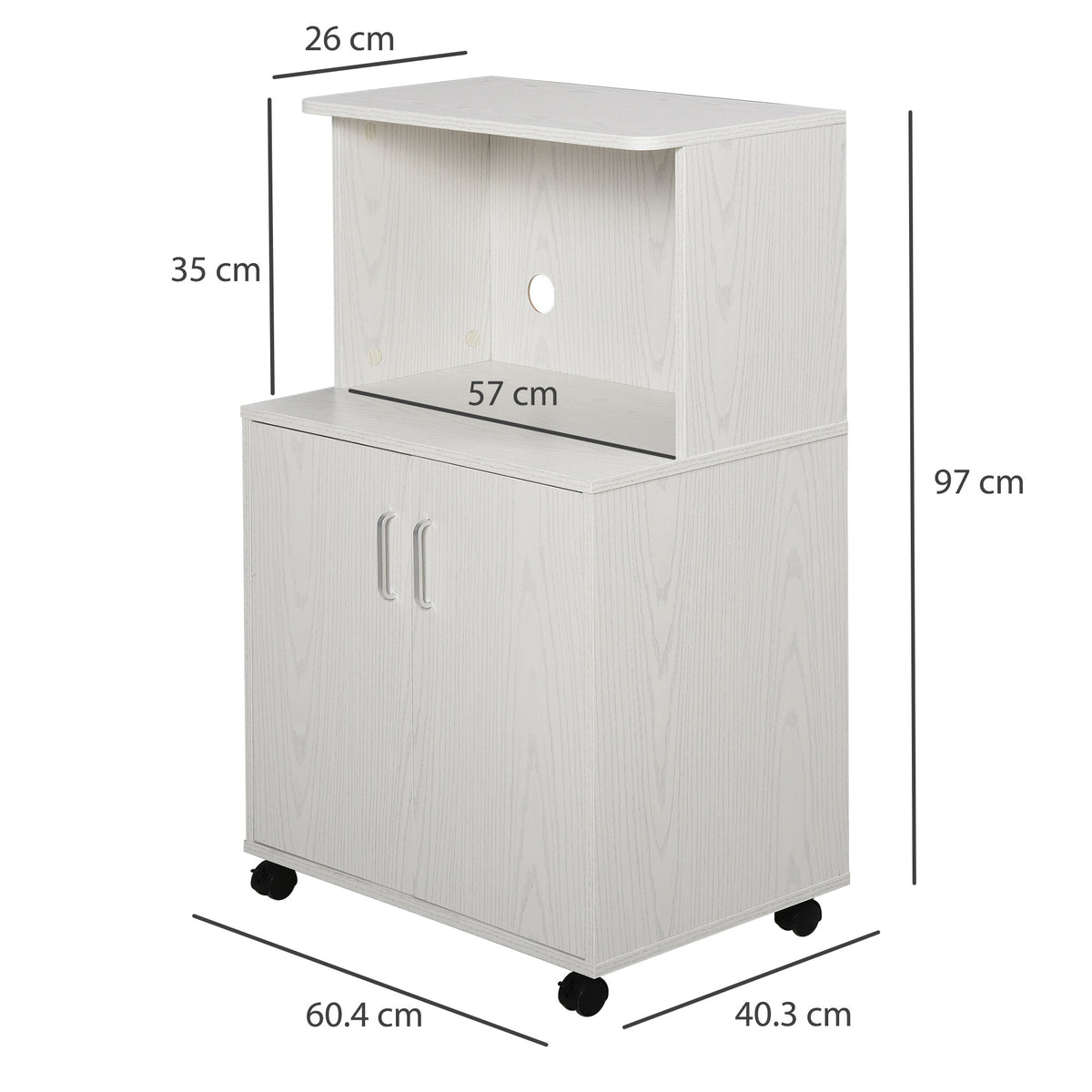 Meuble de rangement cuisine pour micro-ondes, roulettes verrouillables, blanc
