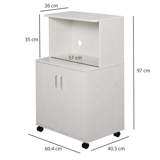 Meuble de rangement cuisine pour micro-ondes, roulettes verrouillables, blanc