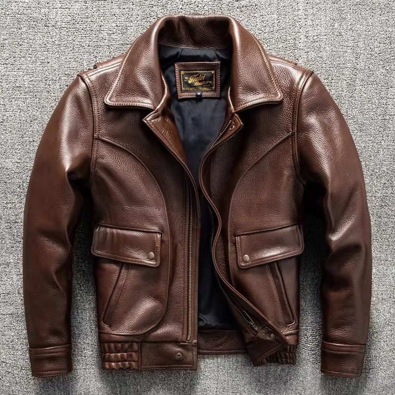 Veste en cuir véritable marron, coupe ajustée courte