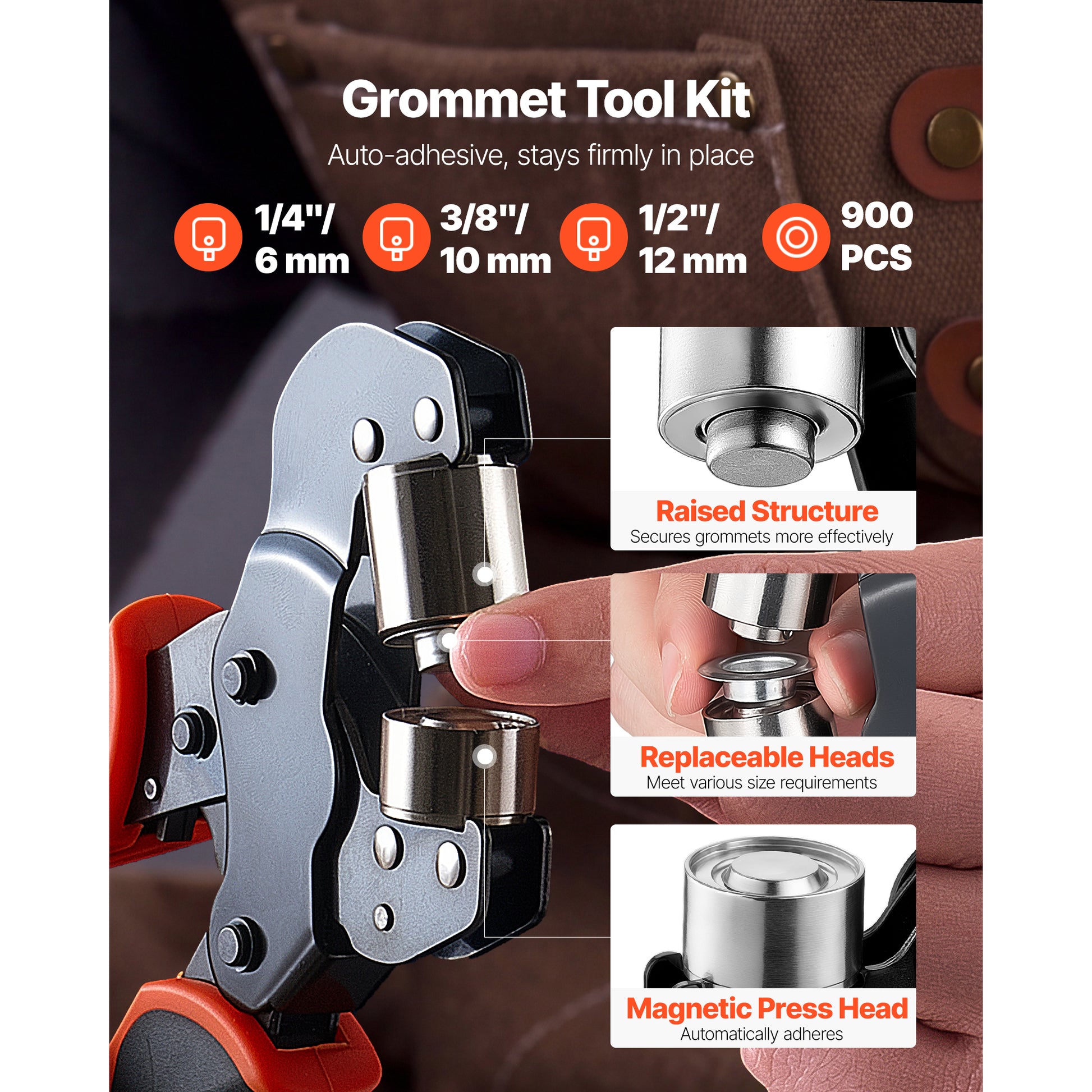 Kit œillets 900 pièces, tailles 1/4, 3/8 et 1/2 po