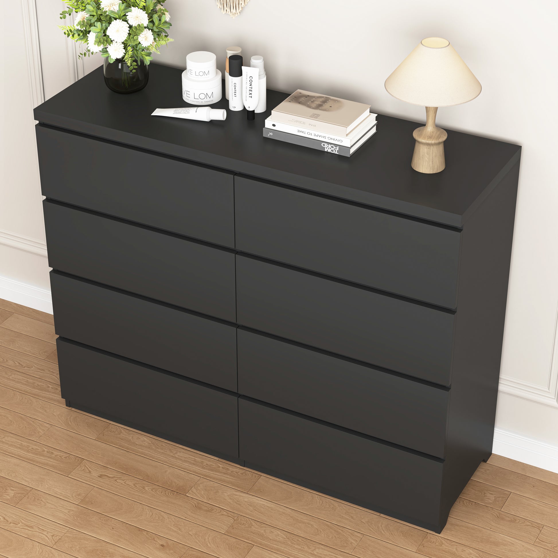 Commode 8 tiroirs en bois pour chambre, noire