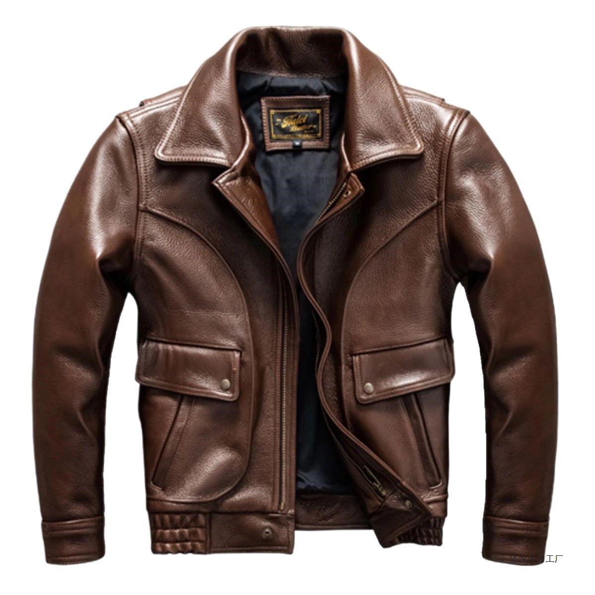 Veste en cuir véritable marron, coupe ajustée courte