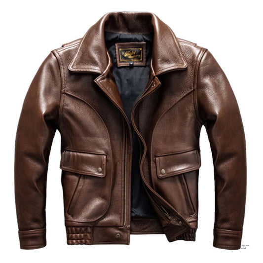 Veste en cuir véritable marron, coupe ajustée courte