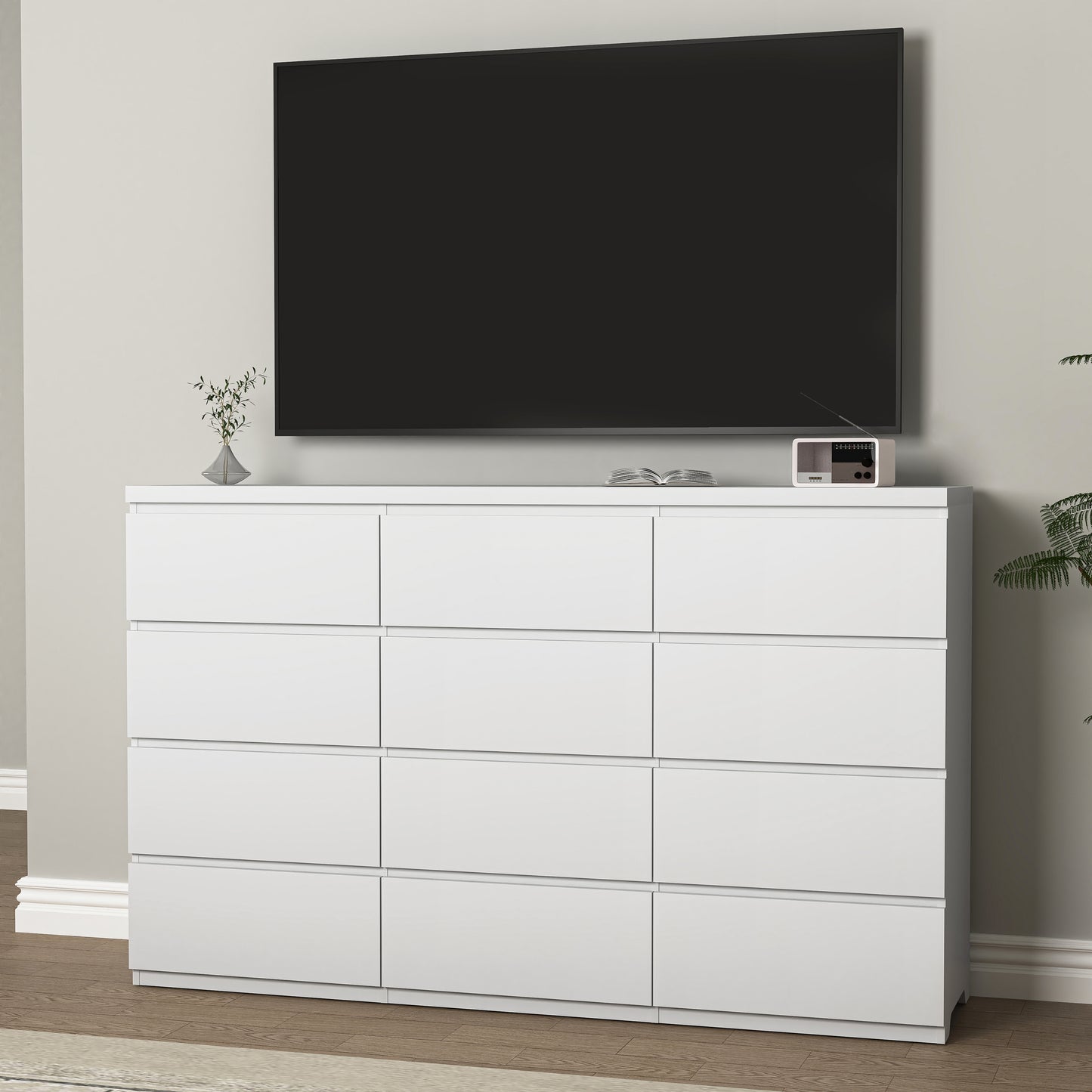 Commode 12 tiroirs en bois blanc, grand rangement chambre