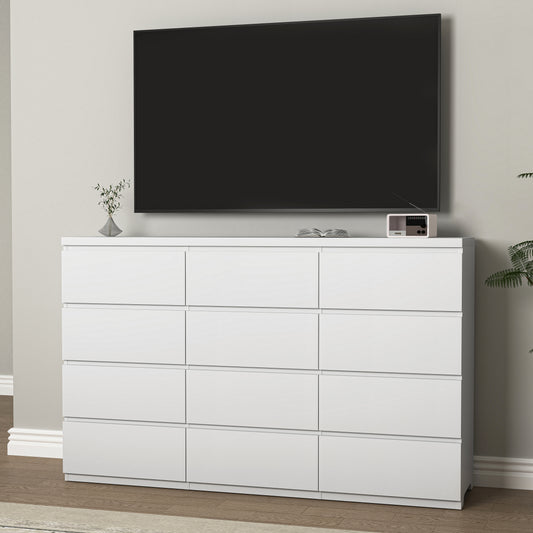 Commode 12 tiroirs en bois blanc, grand rangement chambre