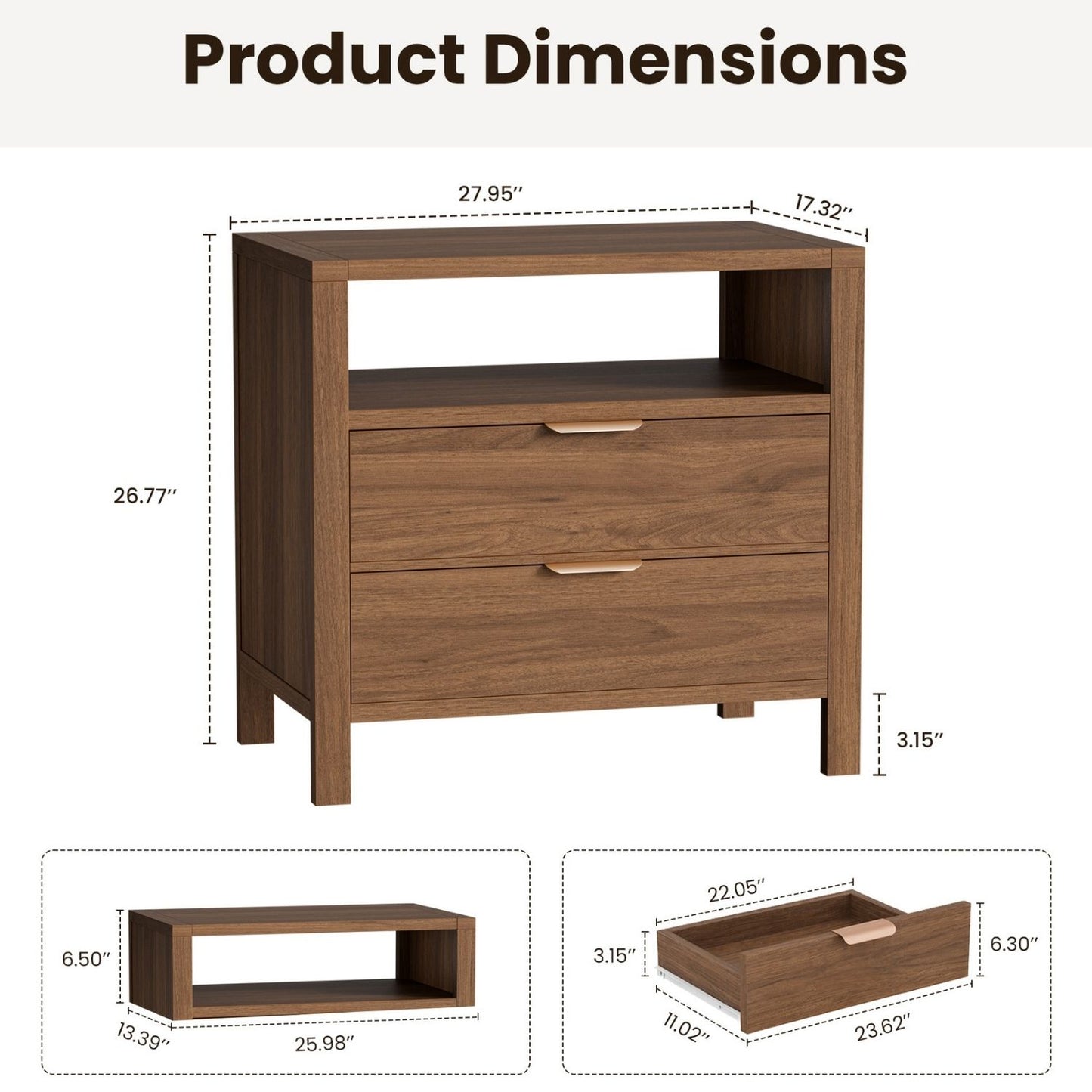 Table de chevet en bois, 2 tiroirs et étagère