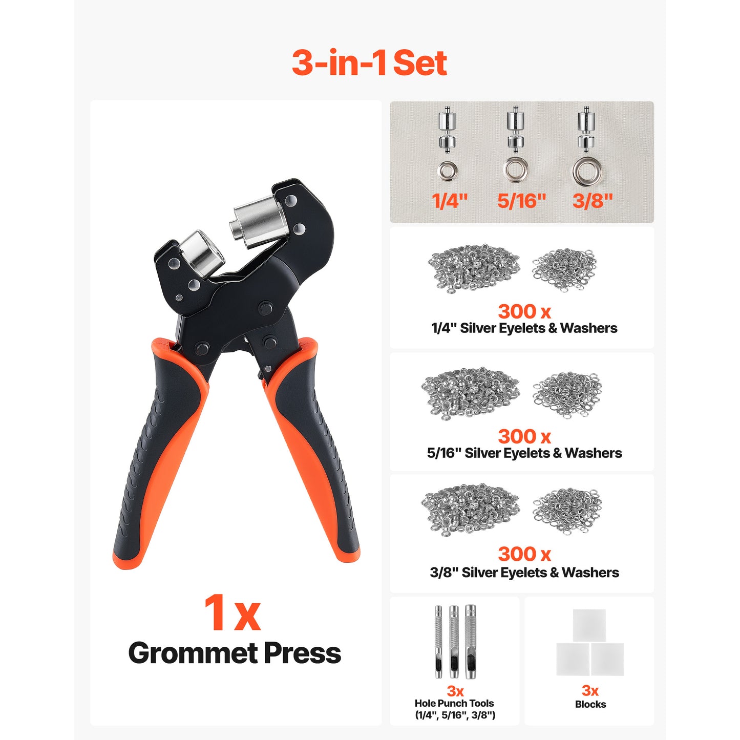 Kit œillets 900 pièces, tailles 1/4, 5/16 et 3/8 po