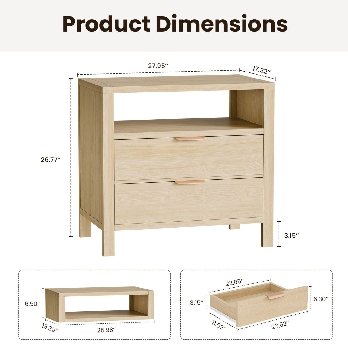 Table de chevet en bois, 2 tiroirs et étagère