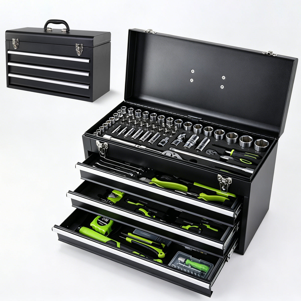Coffret d'outils 465 pièces avec caisse métallique 3 tiroirs, atelier