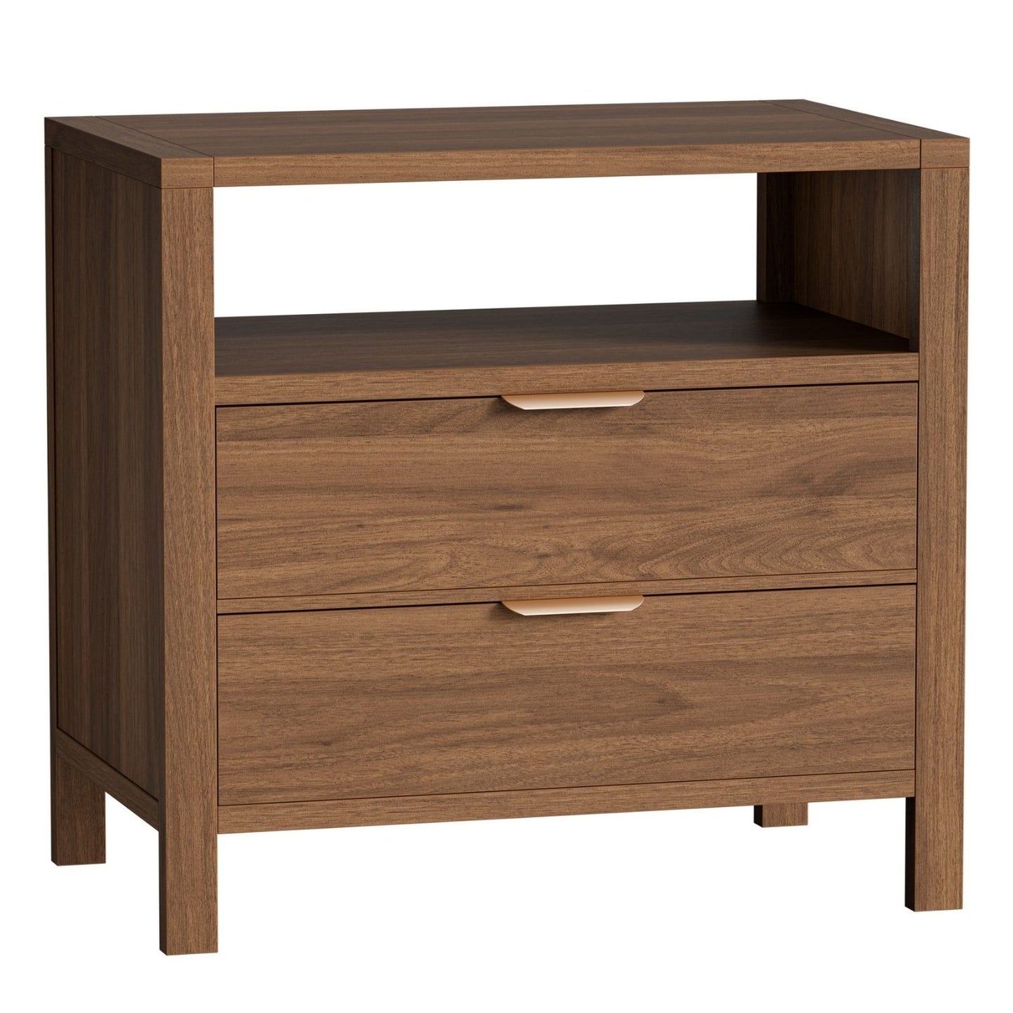 Table de chevet en bois, 2 tiroirs et étagère