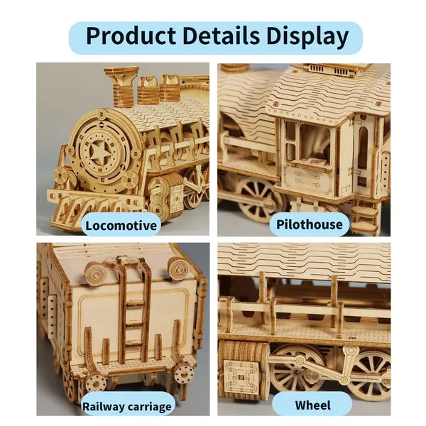 Détails de la locomotive en bois : cabine, wagon, roues