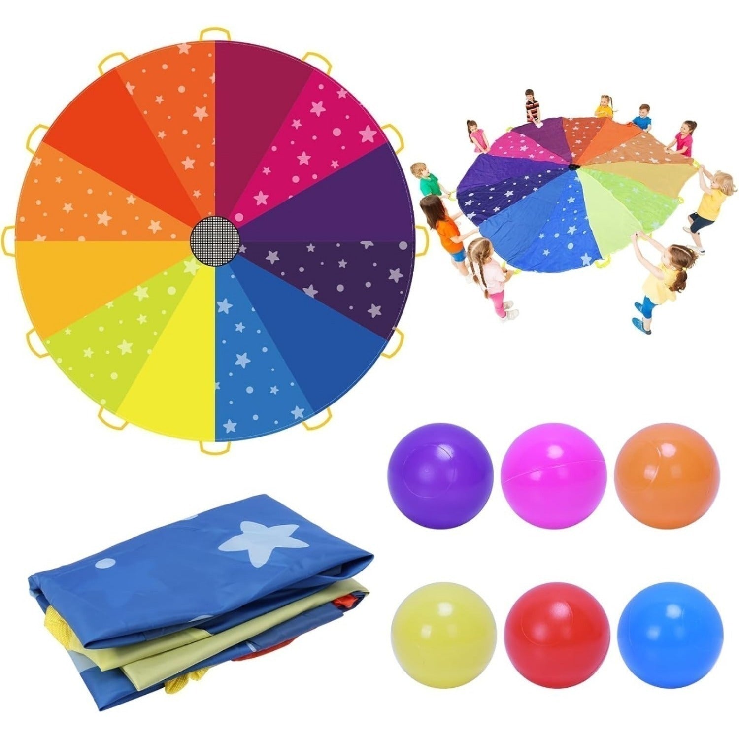 Parachute de jeu arc-en-ciel 2,4 m avec 12 balles