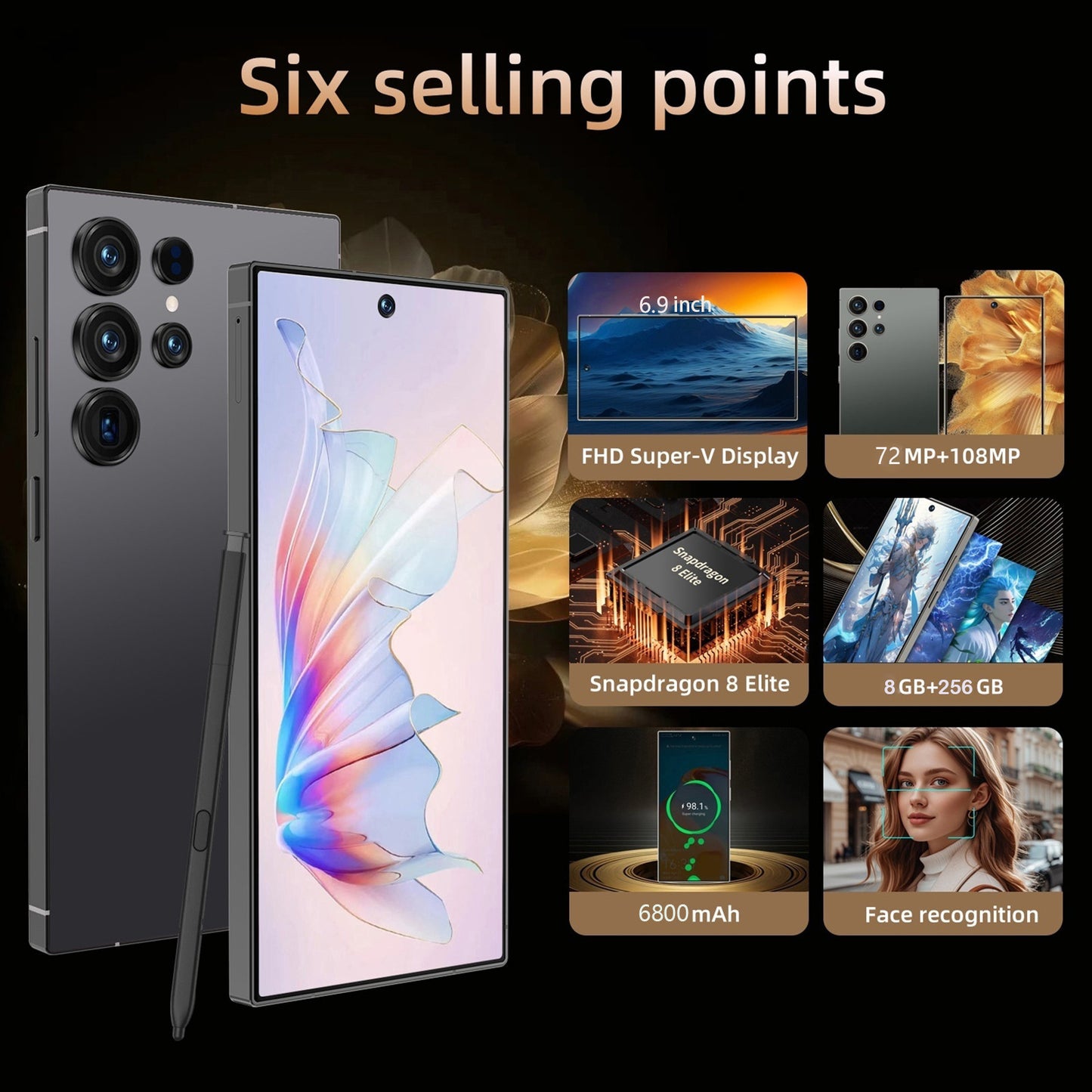 Smartphone débloqué 5G 8/256 Go, écran 6,8", 6800 mAh
