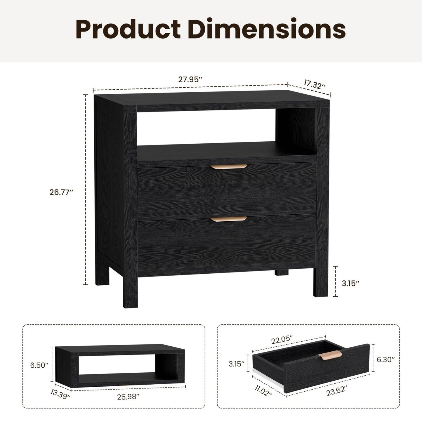 Table de chevet en bois, 2 tiroirs et étagère