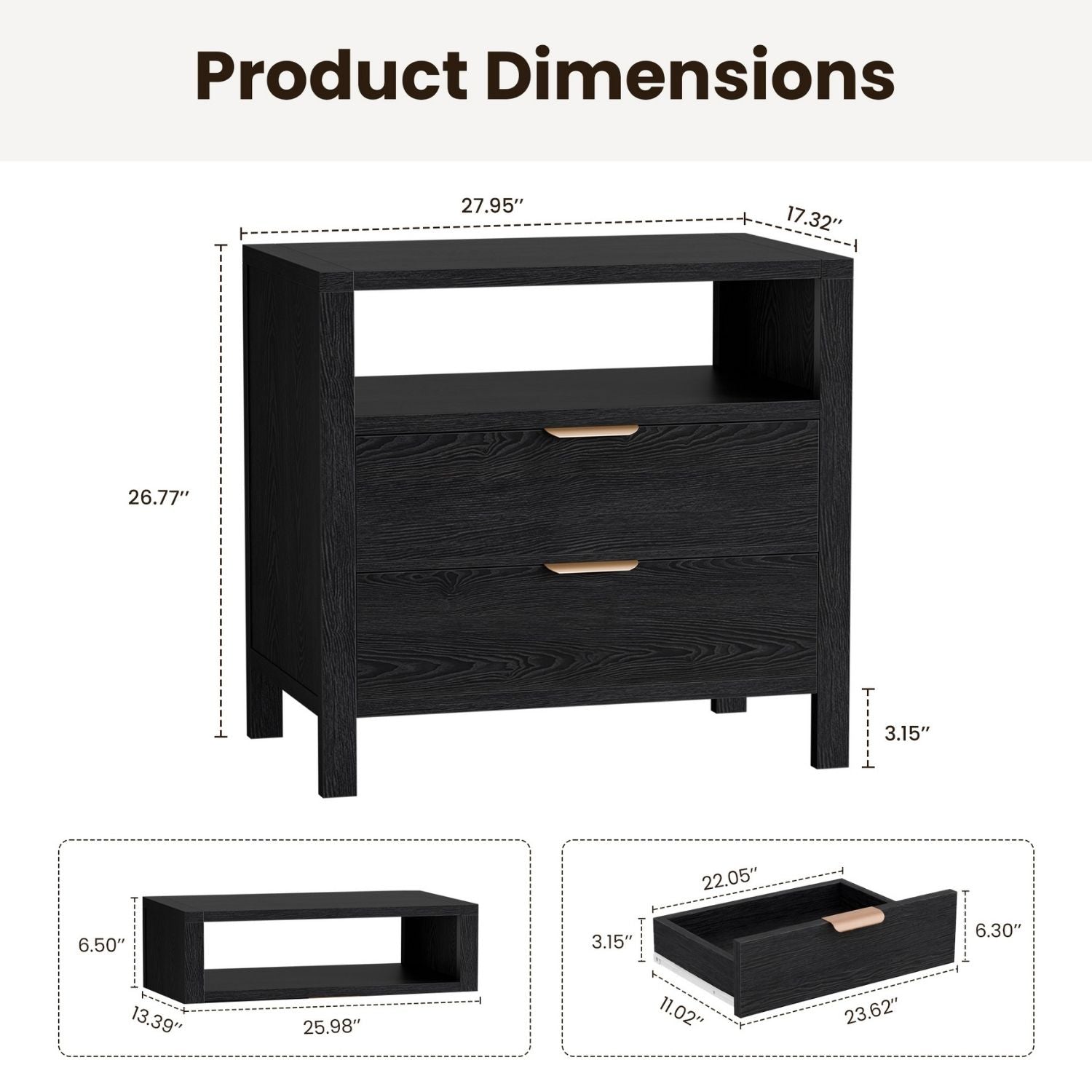 Table de chevet en bois, 2 tiroirs et étagère