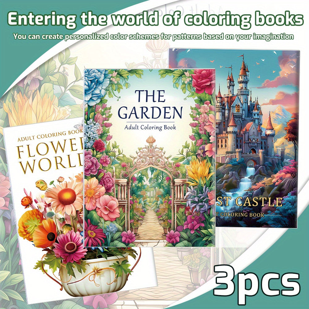 Coffret 3 livres de coloriage, fleurs, château et vase