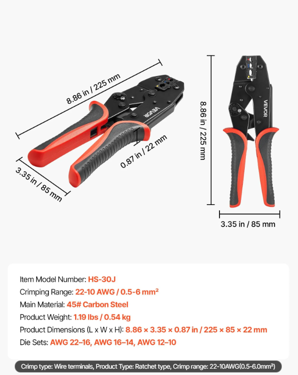 Pince à sertir à cliquet VEVOR 22-10 AWG, réglable