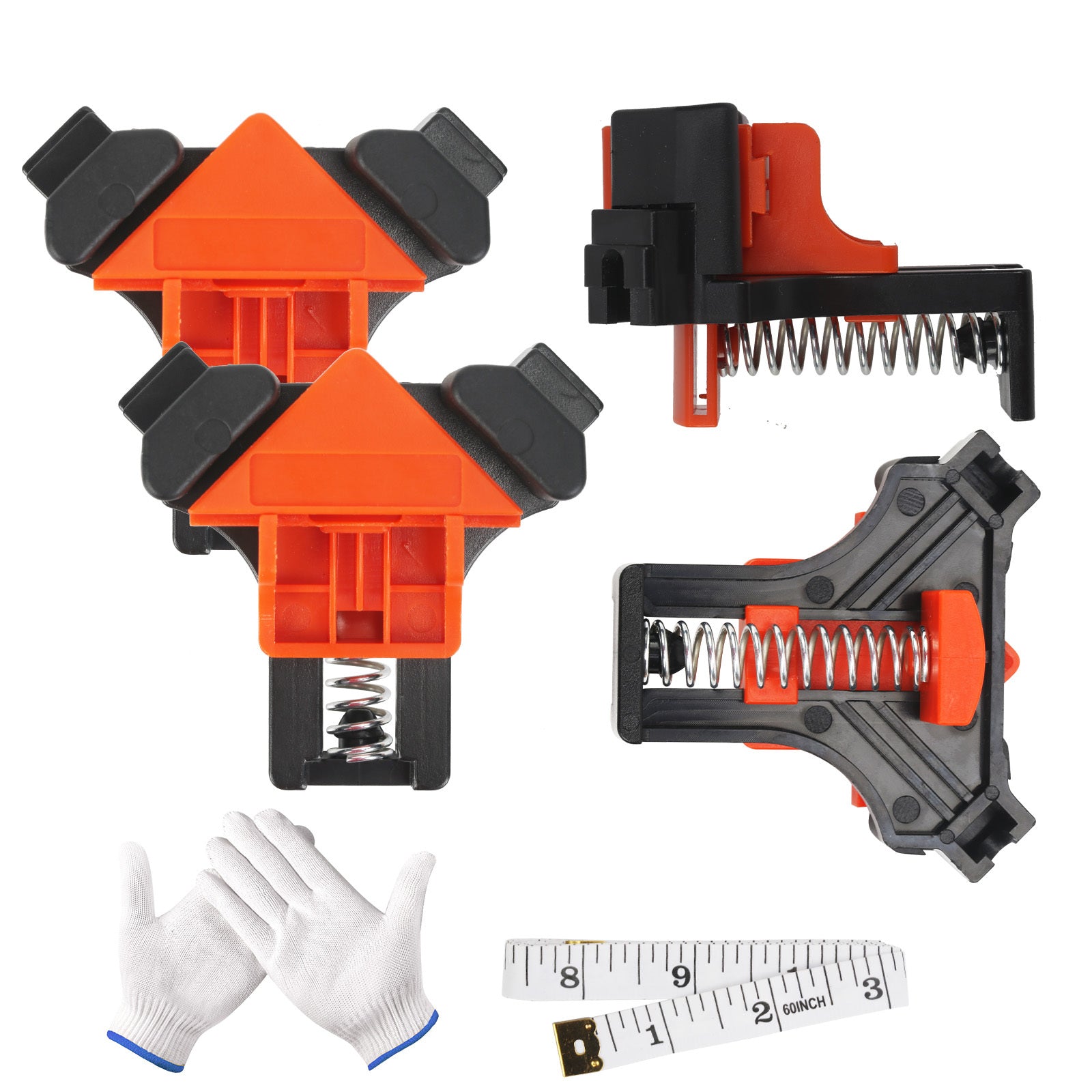 Kit d'assemblage 3 en 1 : serre-joints d'angle, gants et mètre