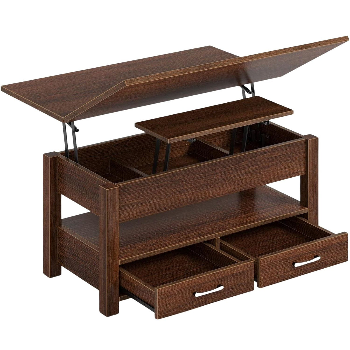 Table basse plateau relevable, tiroirs et rangement caché, bois foncé