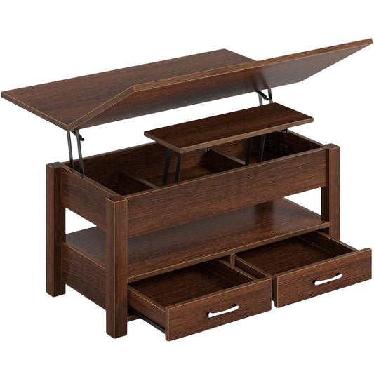 Table basse relevable, avec tiroirs et rangement dissimulé, bois foncé