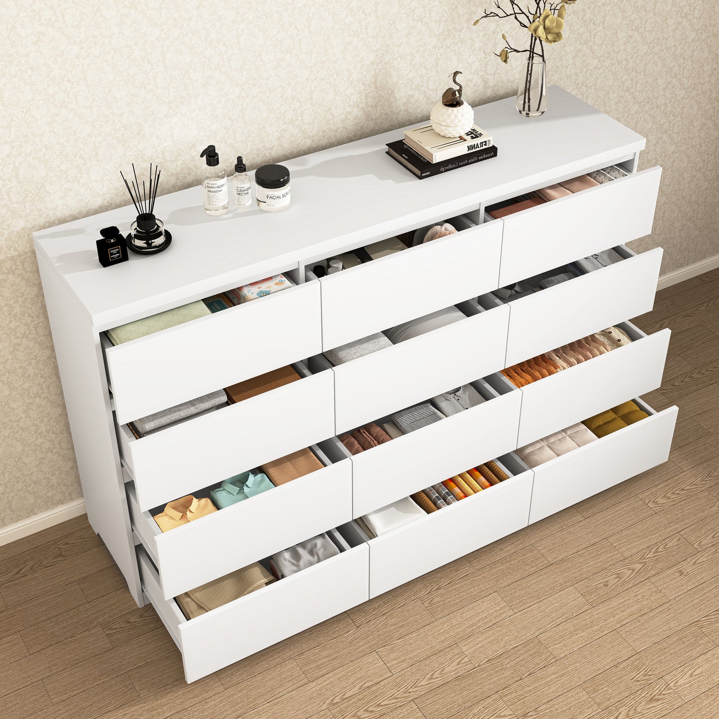 Commode 12 tiroirs en bois blanc, grand rangement chambre