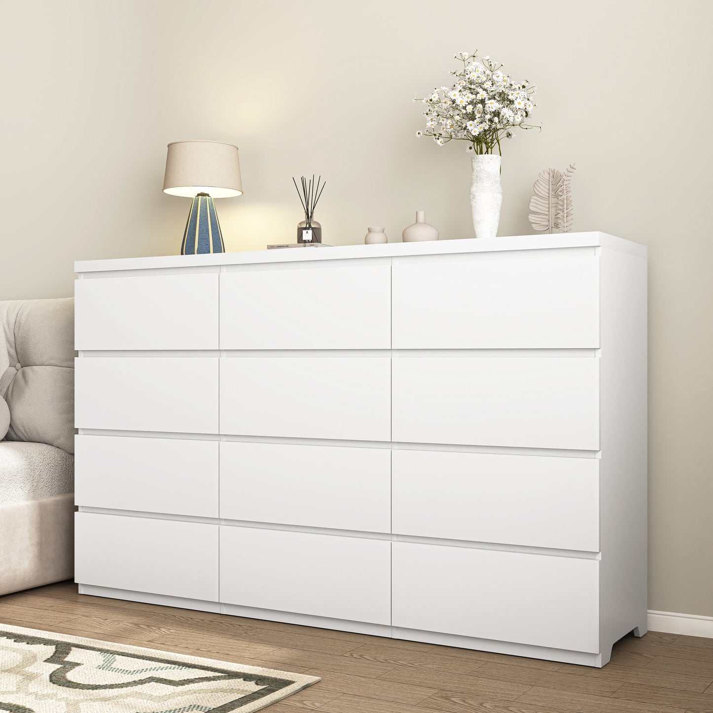 Commode 12 tiroirs en bois blanc, grand rangement chambre
