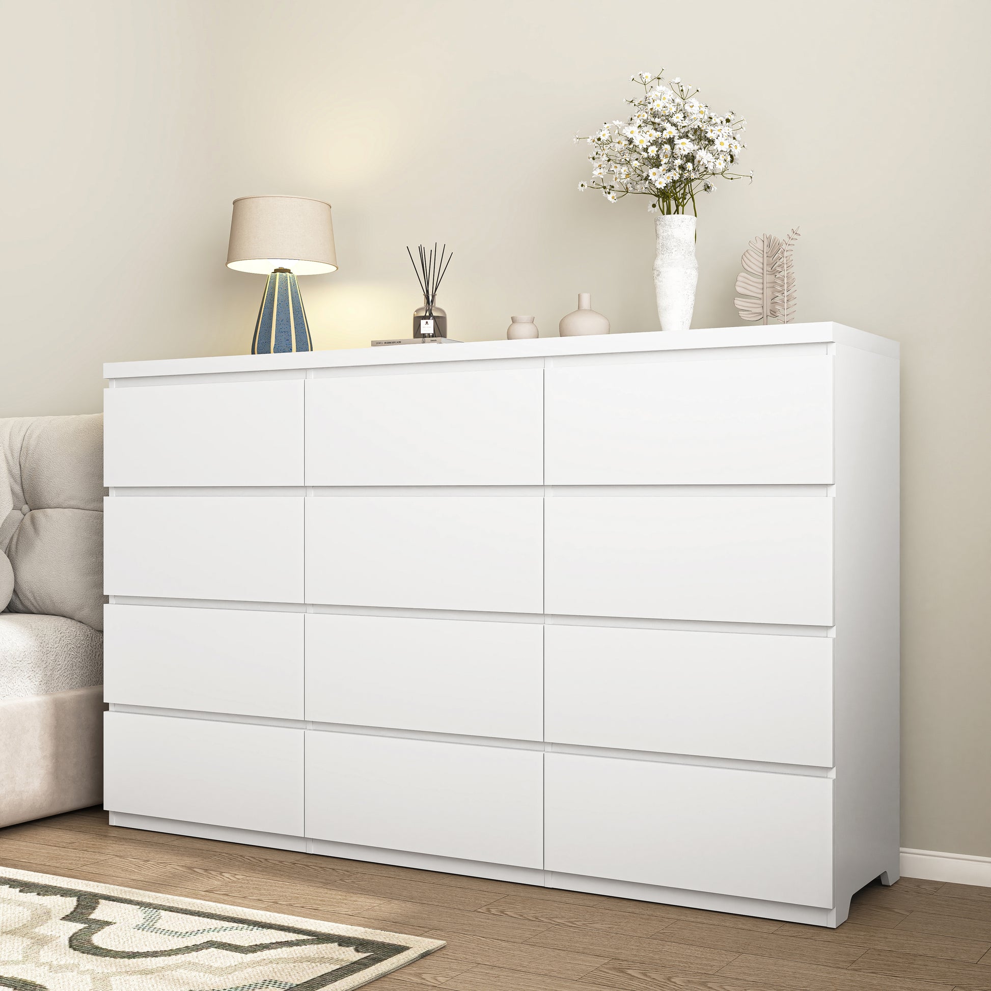 Commode 12 tiroirs en bois blanc, grand rangement chambre