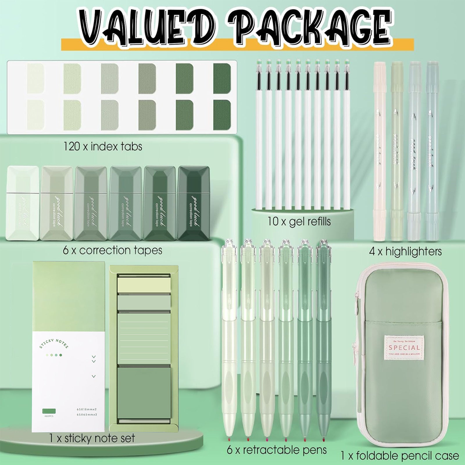 Set de bureau vert avec bloc-notes, stylos et surligneurs
