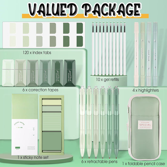 Set de bureau vert avec bloc-notes, stylos et surligneurs