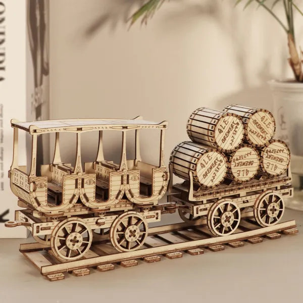 Wagon en bois assemblé avec tonneaux