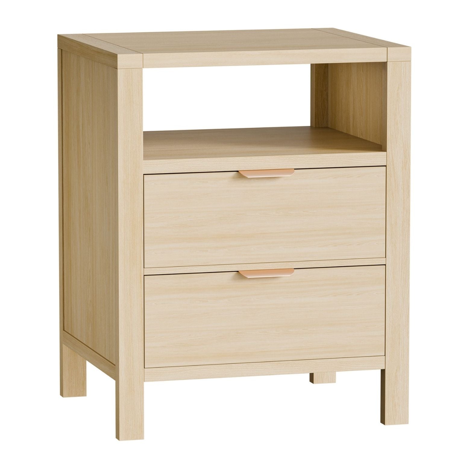 Table de chevet en bois, 2 tiroirs et étagère