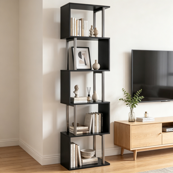 Bibliothèque étagère géométrique en S, 5 niveaux, structure métal noir