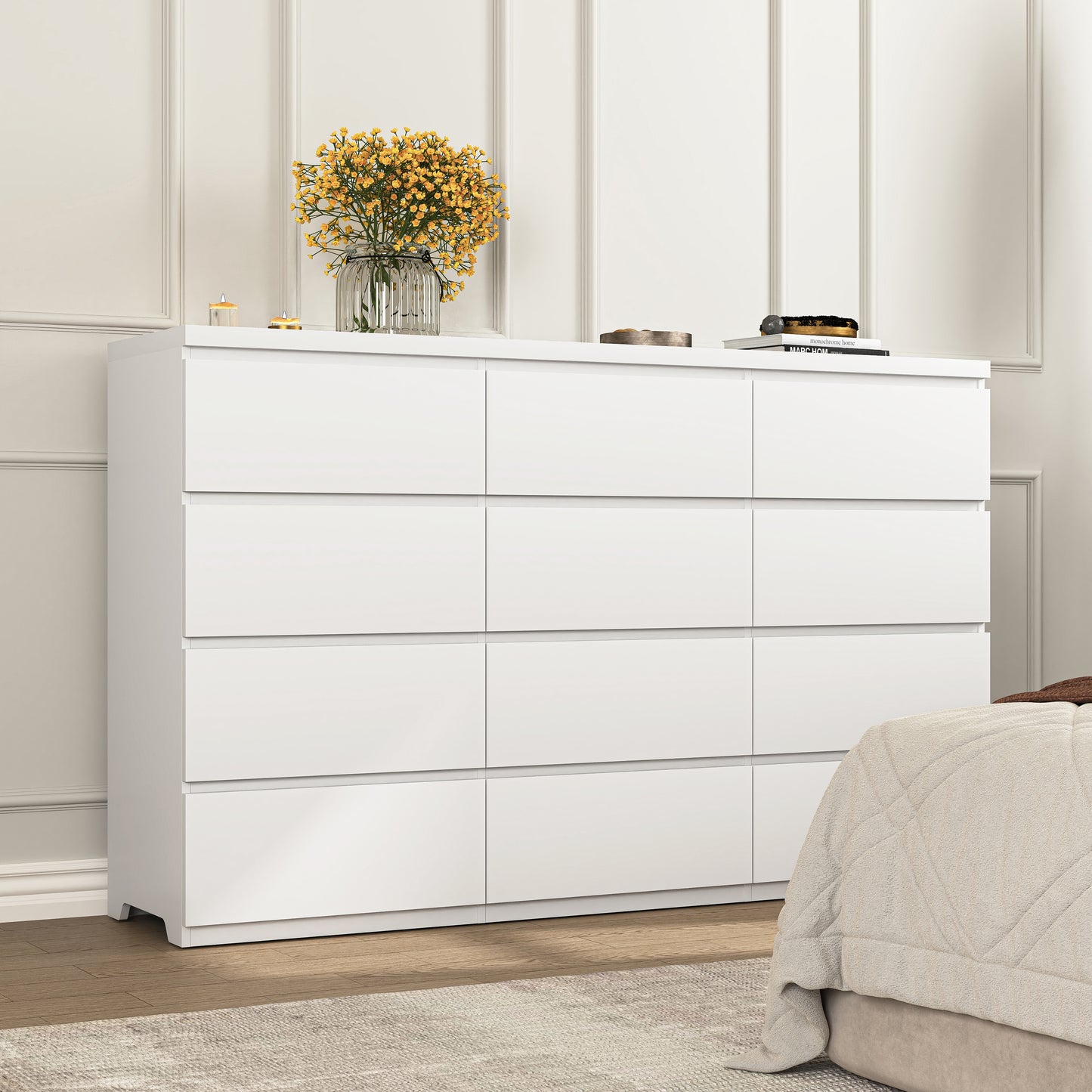 Commode 12 tiroirs en bois blanc, grand rangement chambre
