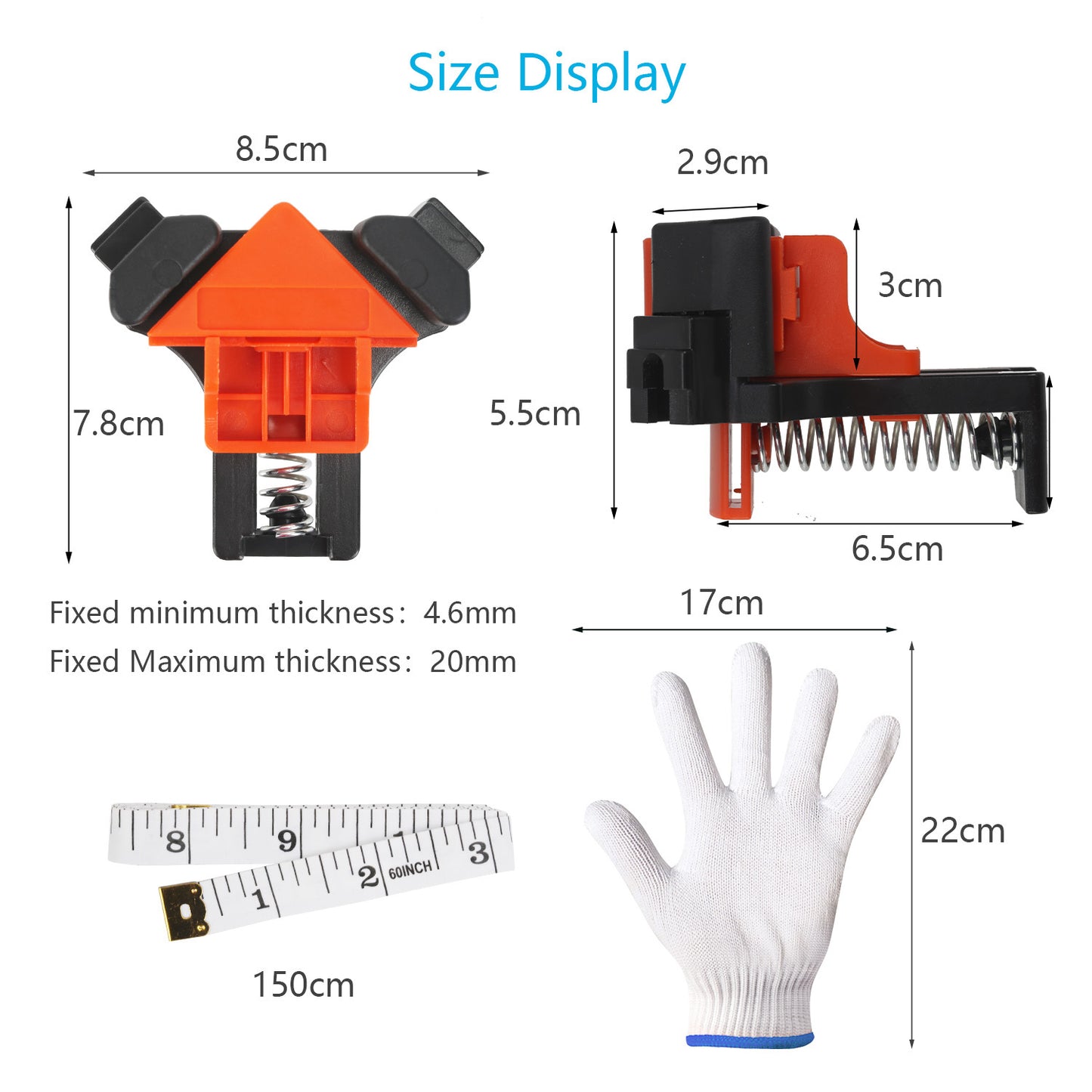 Kit d'assemblage 3 en 1 : serre-joints d'angle, gants et mètre