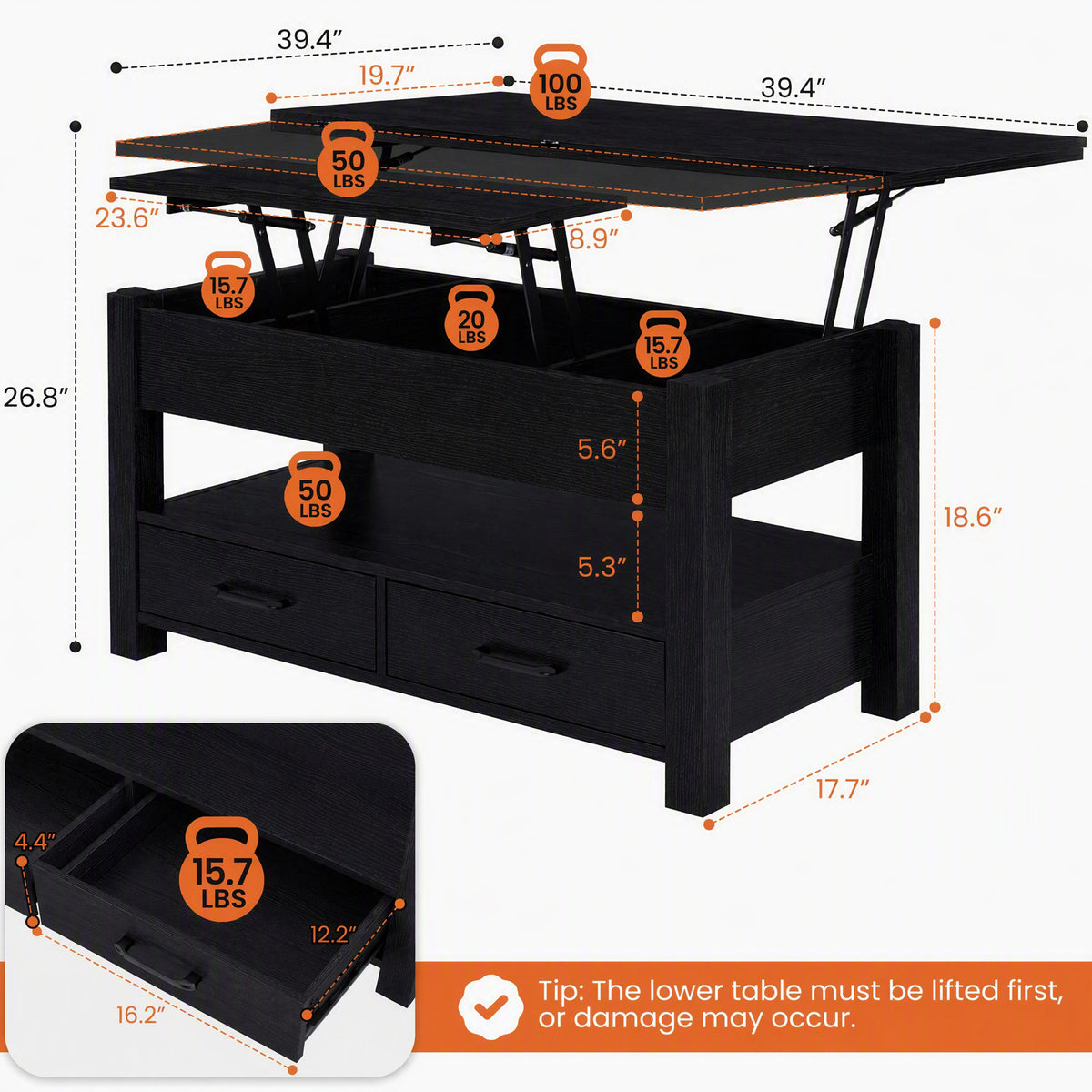 Table basse plateau relevable, tiroirs et rangement caché, bois foncé