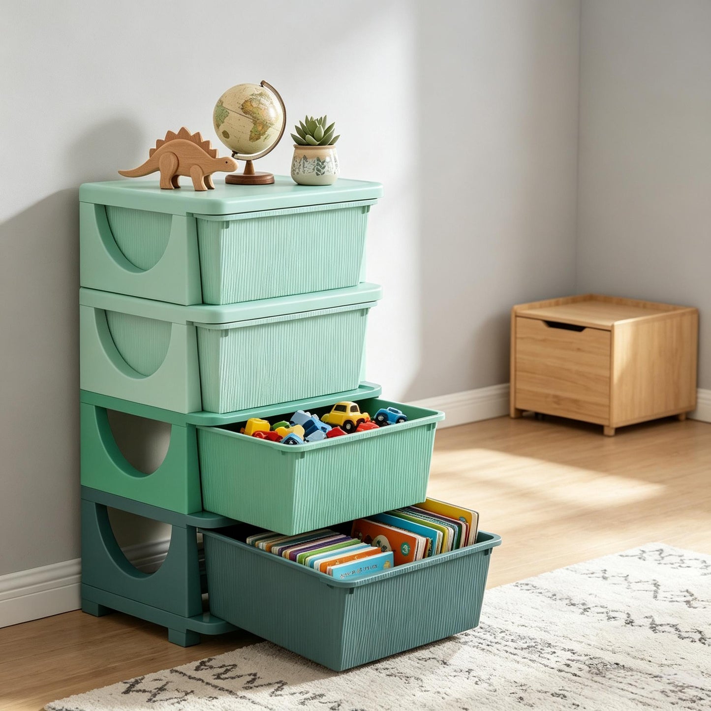 Tour de rangement à tiroirs pour jouets, enfant, vert