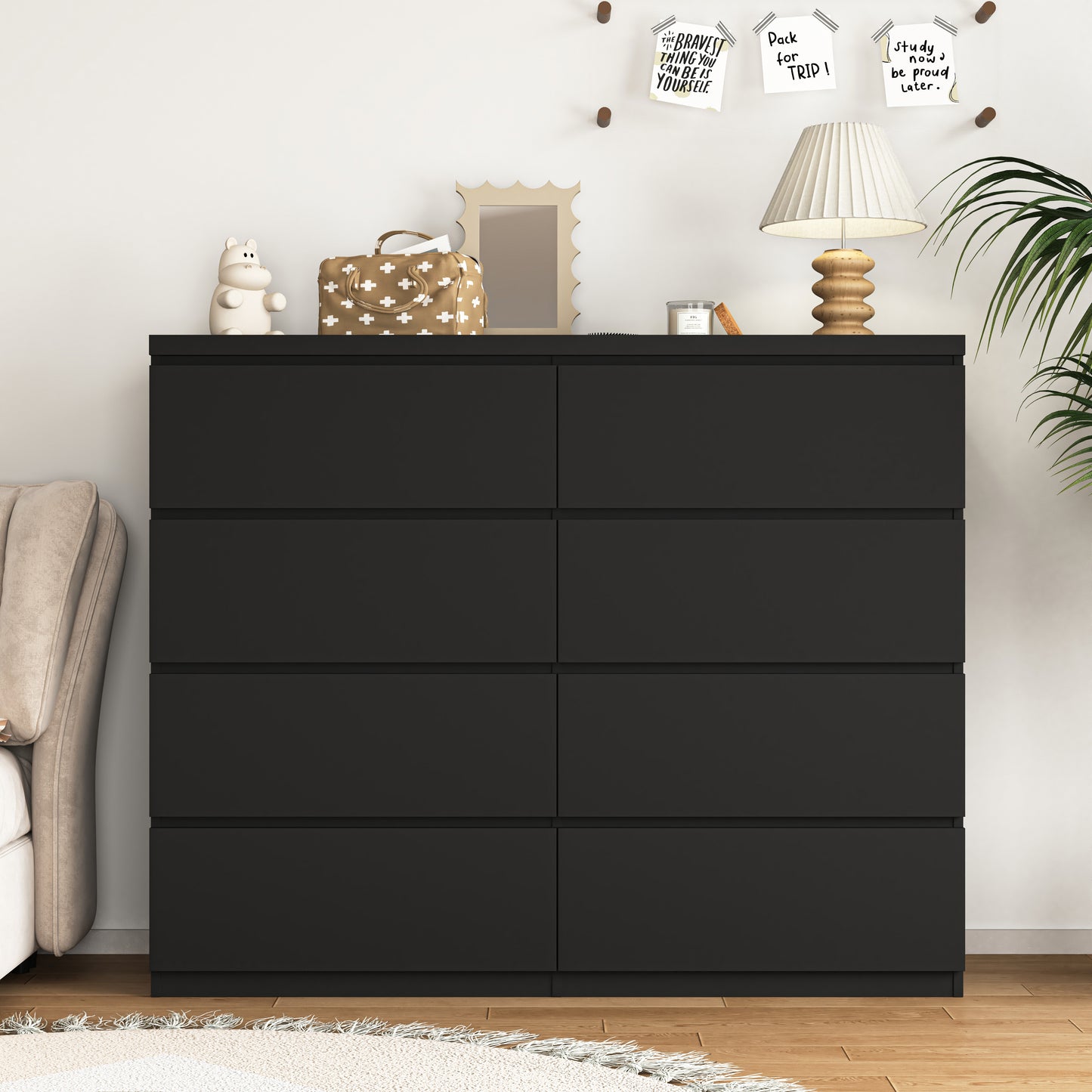 Commode 8 tiroirs en bois pour chambre, noire