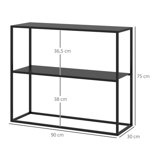 Console Table d'appoint d'entrée, style industriel minimaliste, 2 étagères, 90 x 30 x 75 cm, acier noir