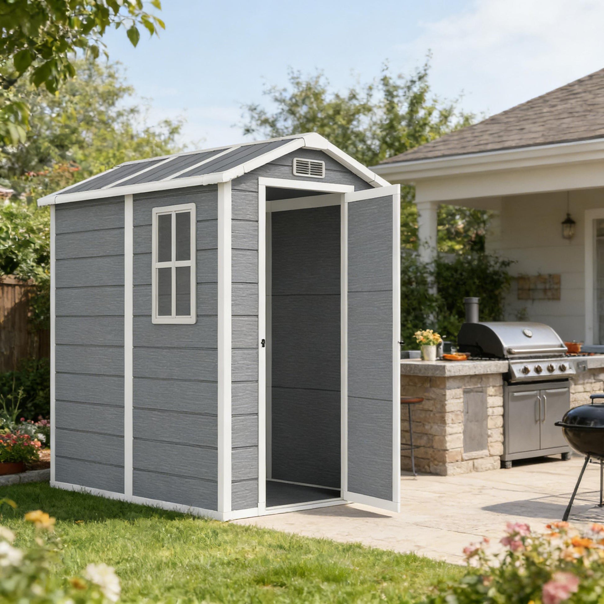 Abri de jardin en résine et aluminium, portes verrouillables
