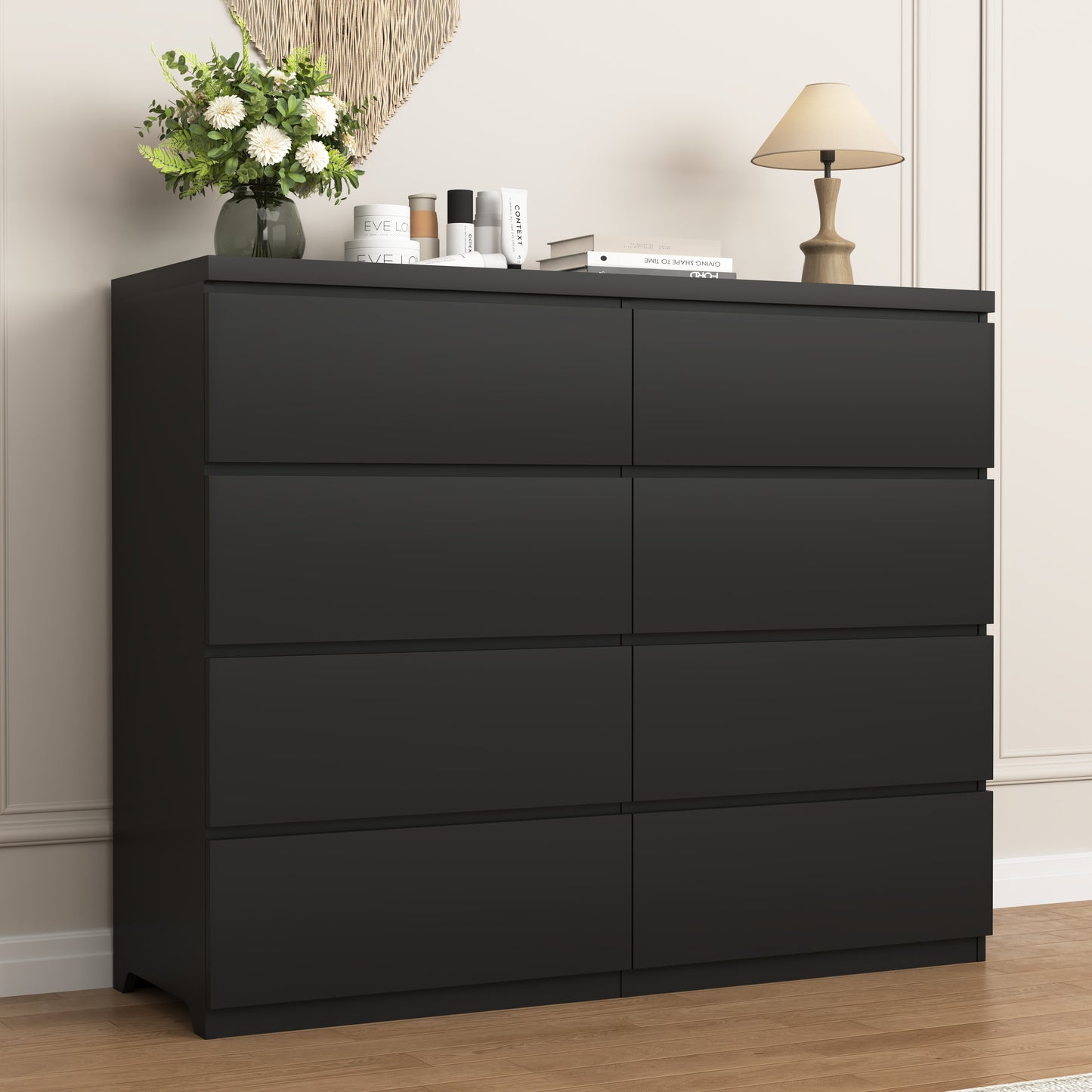 Commode 8 tiroirs en bois pour chambre, noire