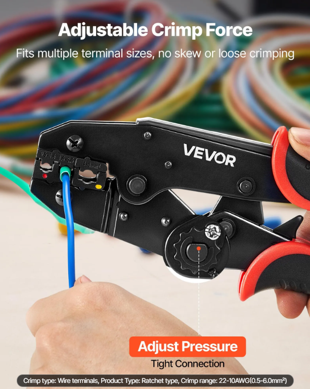 Pince à sertir à cliquet VEVOR 22-10 AWG, réglable