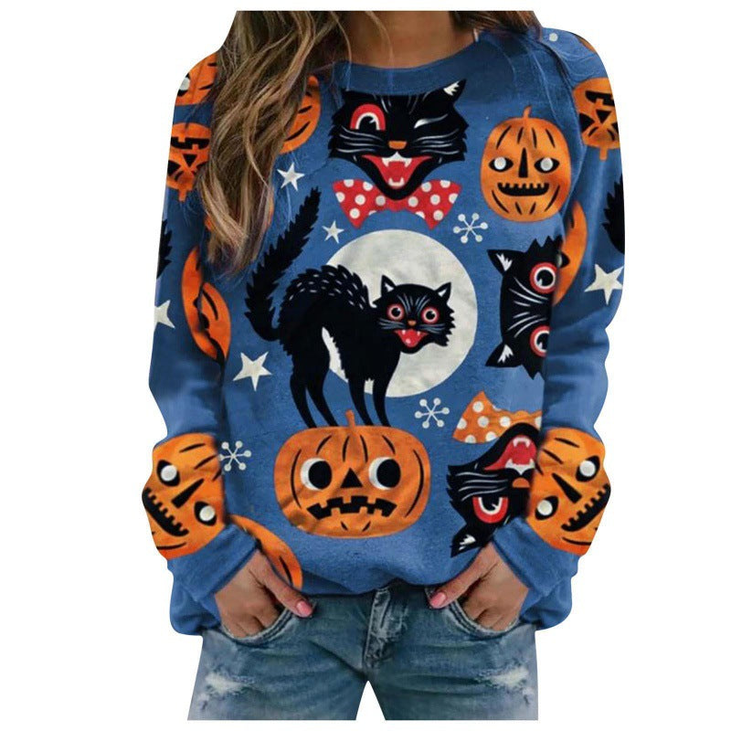 Foreign Trade Cross-border Autumn and Winter New Halloween 3D Digital Printing European and American Women's Crewneck Casual Long Sleeve Sweatshirt
