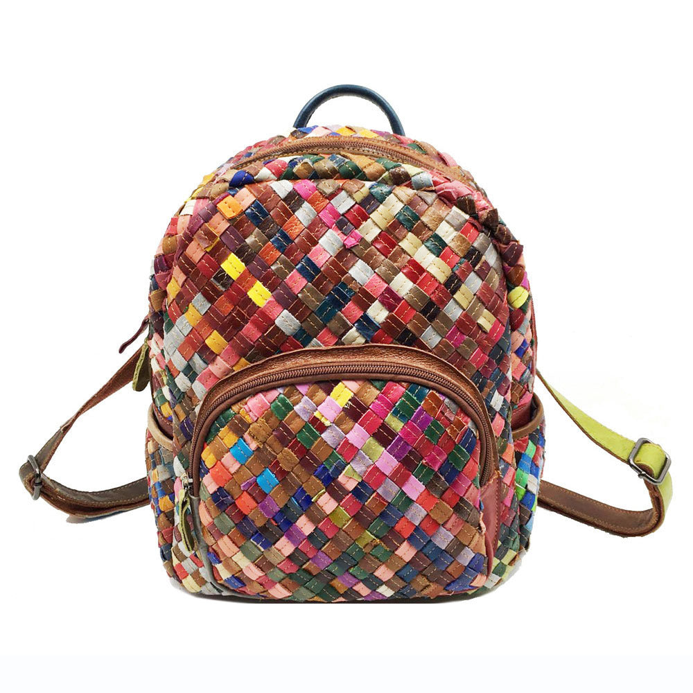 Fashionable Women's Bag, Genuine Leather Backpack, Spliced Colorful Cowhide, Hand-Woven Backpack, Women's Bag