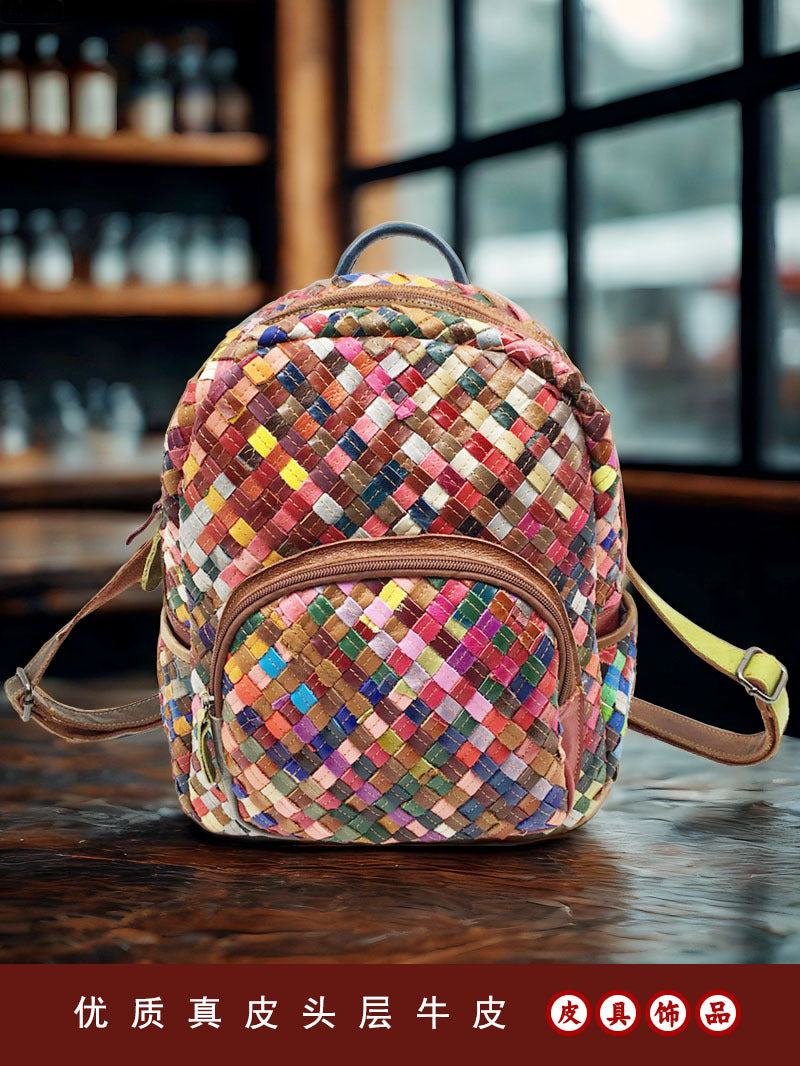 Fashionable Women's Bag, Genuine Leather Backpack, Spliced Colorful Cowhide, Hand-Woven Backpack, Women's Bag