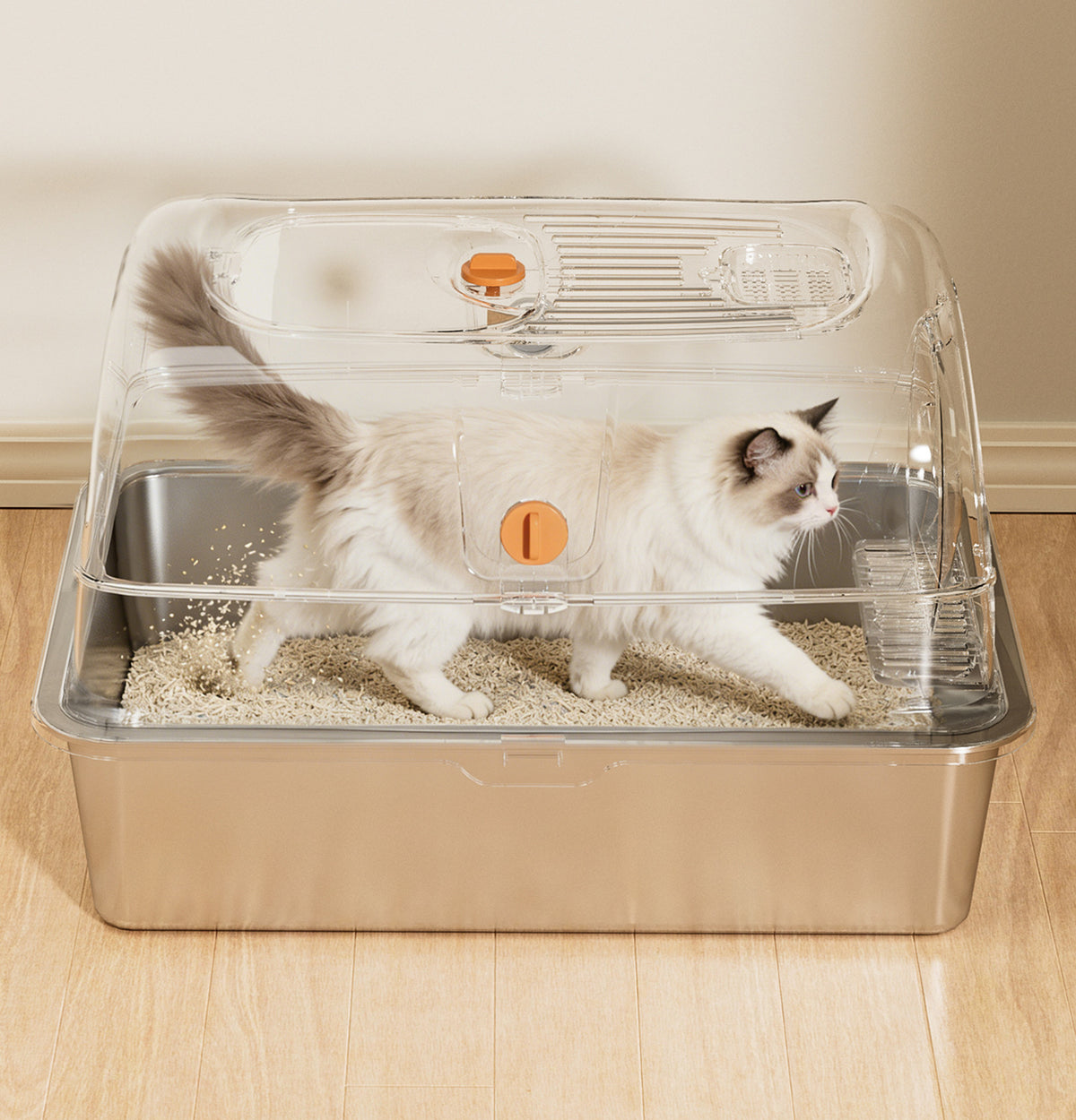 Bac à litière pour chat entièrement fermé en acier inoxydable, toilette pour chat semi-fermée très grande, tapis anti-éclaboussures, vente en gros de fournitures pour animaux de compagnie