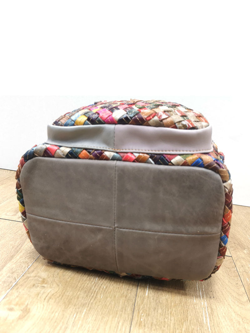 Fashionable Women's Bag, Genuine Leather Backpack, Spliced Colorful Cowhide, Hand-Woven Backpack, Women's Bag