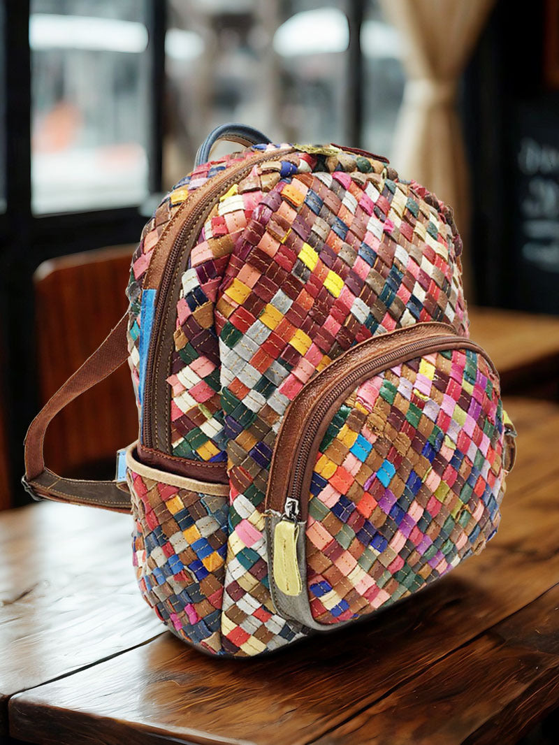 Fashionable Women's Bag, Genuine Leather Backpack, Spliced Colorful Cowhide, Hand-Woven Backpack, Women's Bag
